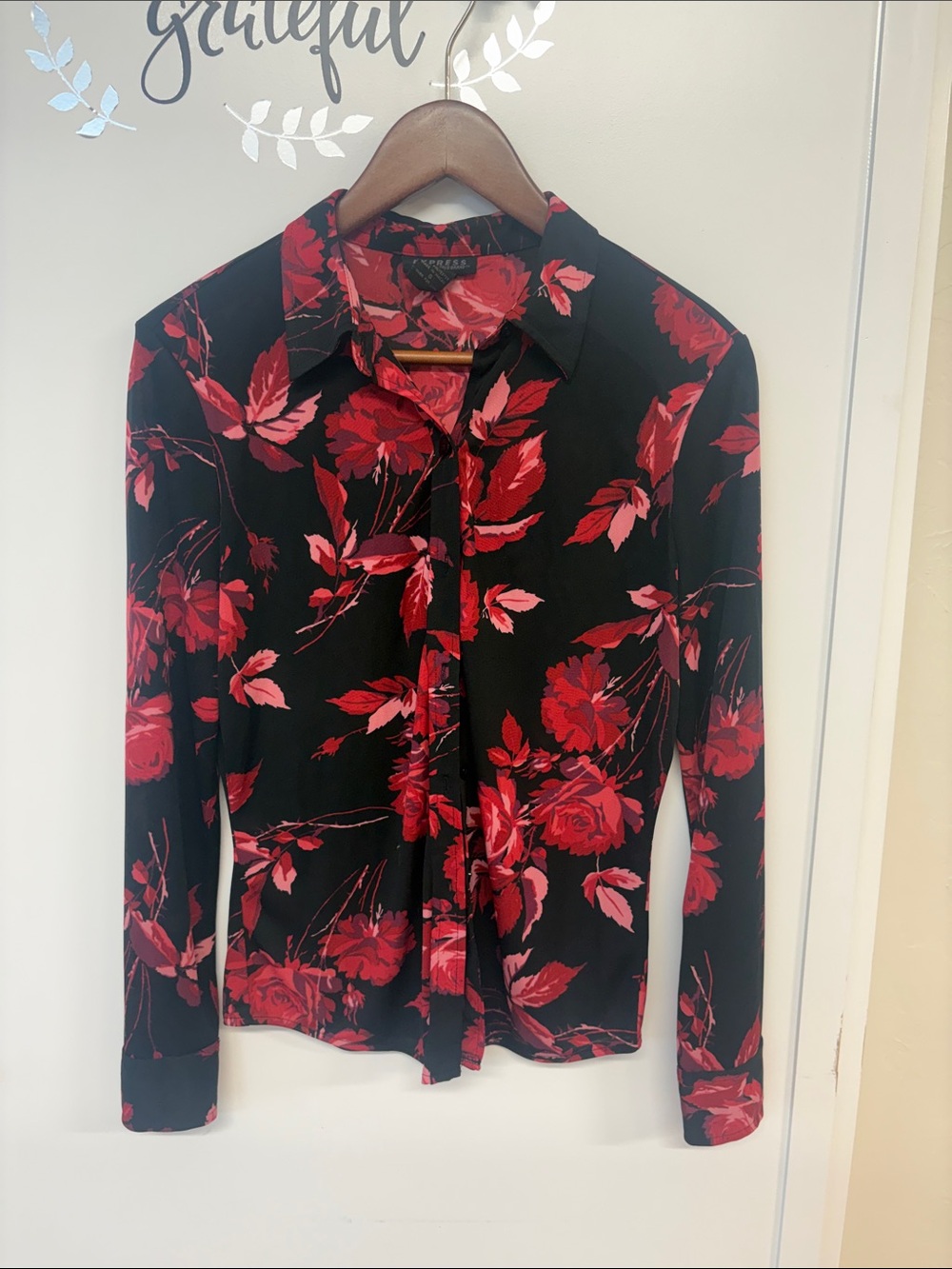 Express Black Button-Down Shirt with Red Floral Print